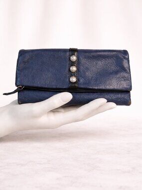Brighton Nolita Shimmer Large Wallet Navy Leather Flap Magnetic Snap $190 Retail